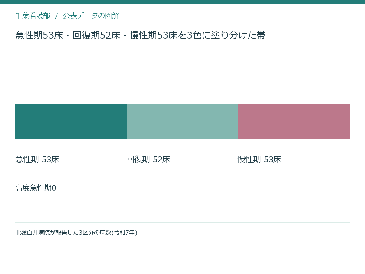 急性期53床・回復期52床・慢性期53床を3色に塗り分けた帯