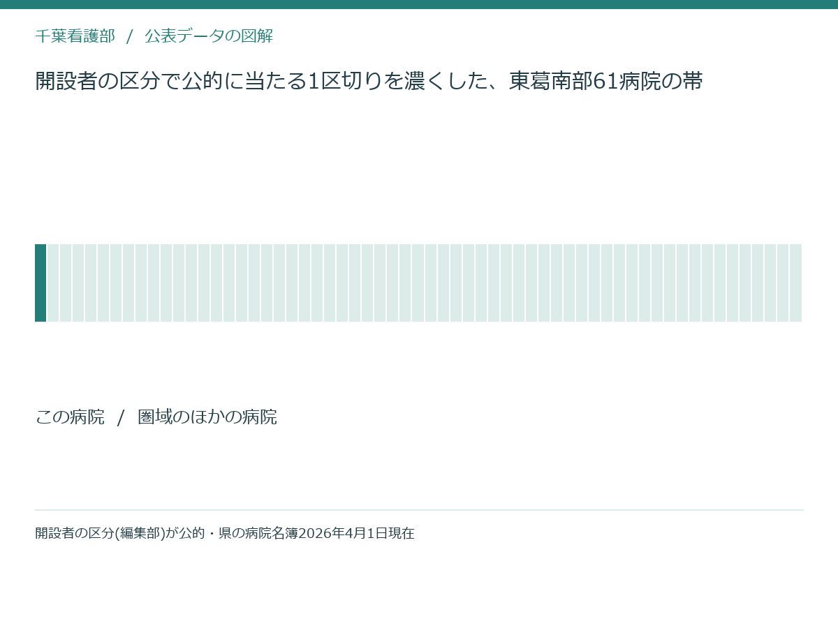 開設者の区分で公的に当たる1区切りを濃くした、東葛南部61病院の帯